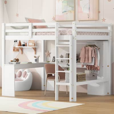Solid Wood Loft Bed with L-shaped Desk & Storage