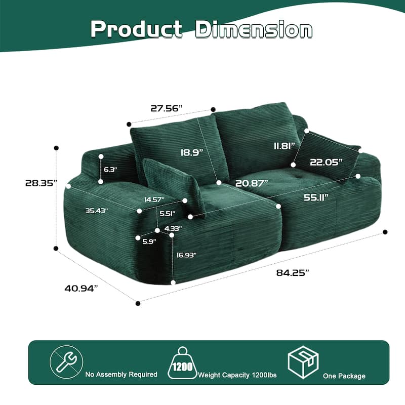 Oversize Memory Foam Compressed Deep Seat Couch Loveseat Sofa Pet-Friendly Corduroy 2 Seater Modular Sectional Sofa, No Assembly
