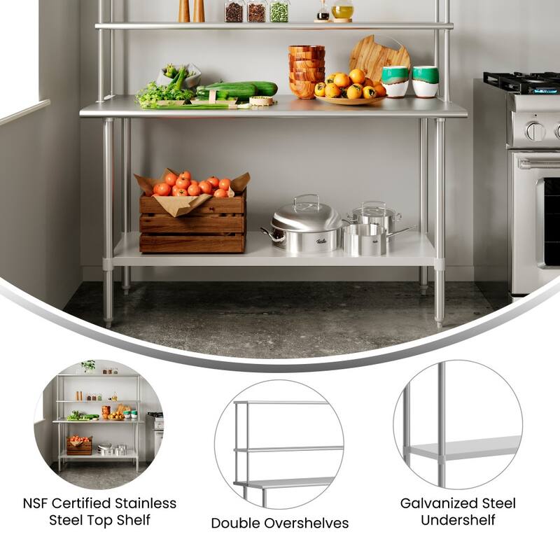 Commercial Stainless Steel Worktable with 2 Overshelves and 1 Undershef