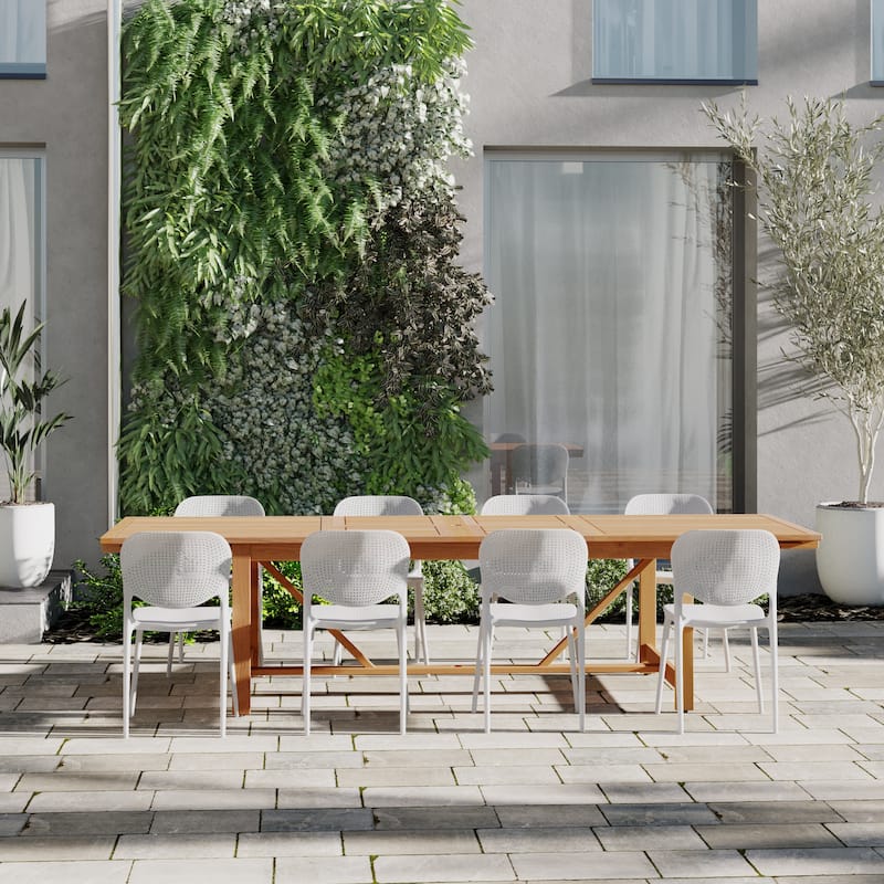 Amazonia Outdoor Patio 9pc Pentel Patio Extendable Dining Set - Dark Wood Table and White Chairs