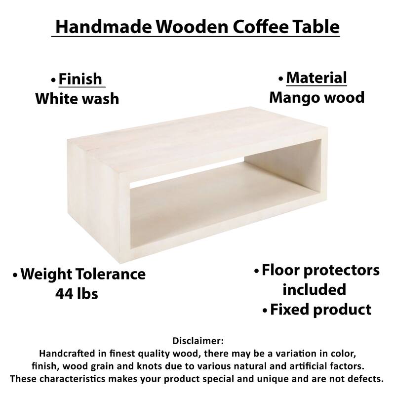 Keli Coffee Table, 58 Inch Minimalist Open Frame, Rustic Washed White Mango Wood