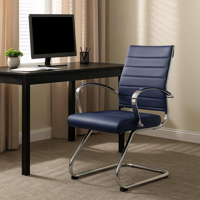 Benmar Series Mid Back Modern Leather Office Executive Desk Chair, Ergonomic Seating with Stainless Steel Sled Base