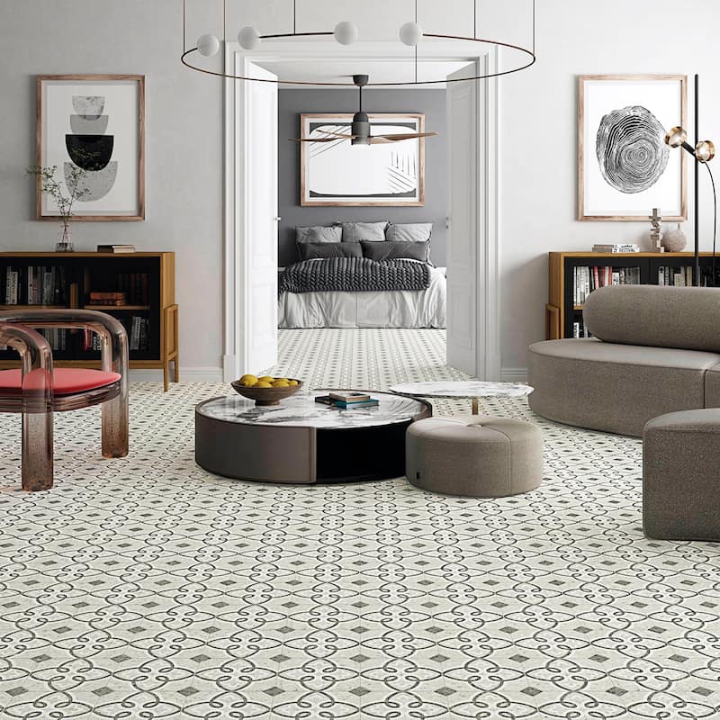Merola Tile Riviera Octagon Garde Gris with Taco Nero 7-7/8" x 7-7/8" Porcelain Floor and Wall Tile - Case (50 Tiles)
