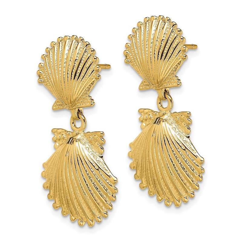 Curata 14k Yellow Gold Double Scallop Shell Long Drop Dangle Earrings 29.2x14.66mm