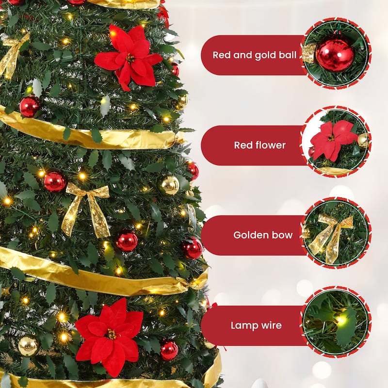 6FT & 7FT Pop Up Artificial Christmas Tree with Red and Gold Ornaments Warm Lights - N/A