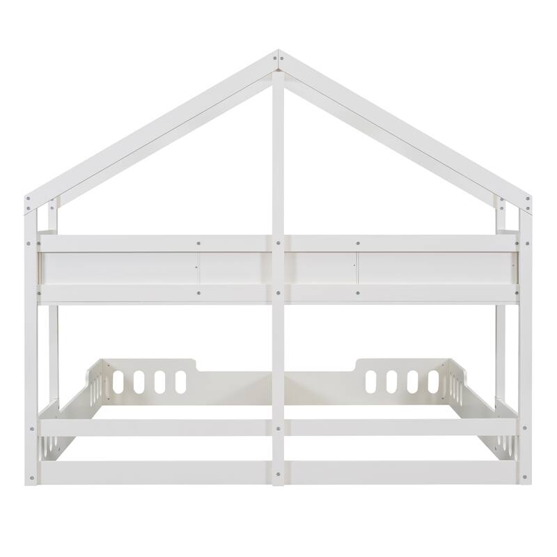 Roomfitters Wood Twin Size House Platform Beds with Two Shared Frames, Shelves and Guardrail, White