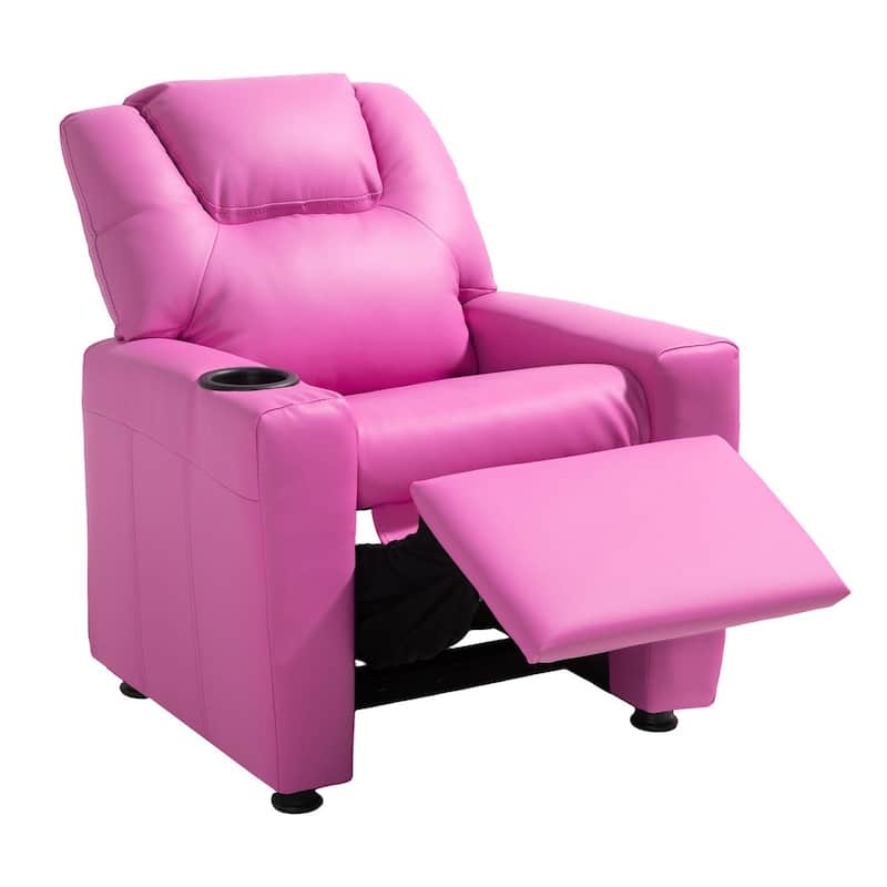 Kids Recliner Chair with Adjustable Backrest, Cup Holders and Leather Surface - 22.4 x 20.3 x 25.8 in - Pink