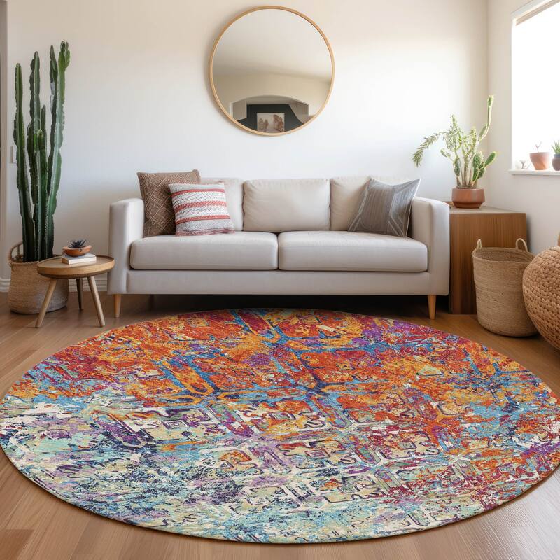 Machine Washable Indoor/ Outdoor Chantille Distressed Diamonds Rug