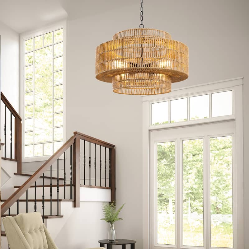 4/6-Light Boho 3-Tier Hand Woven Rattan Drum Chandelier