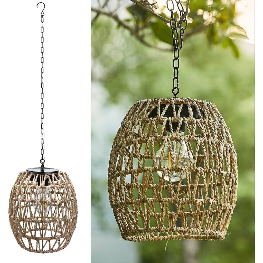 Twine hooks hanging lamp brown, beige solar light rattan, bamboo porch light