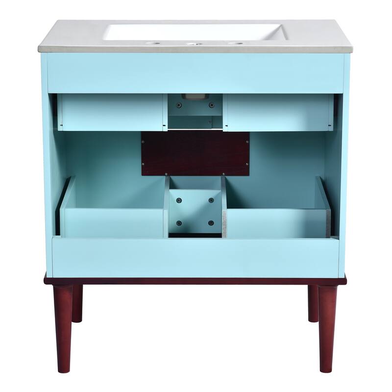30'' Bathroom Vanity Cabinet with Ceramic Sink Combo Set, Solid Wood Frame Modern Bathroom Storage Cabinet with 2 Drawers, Blue