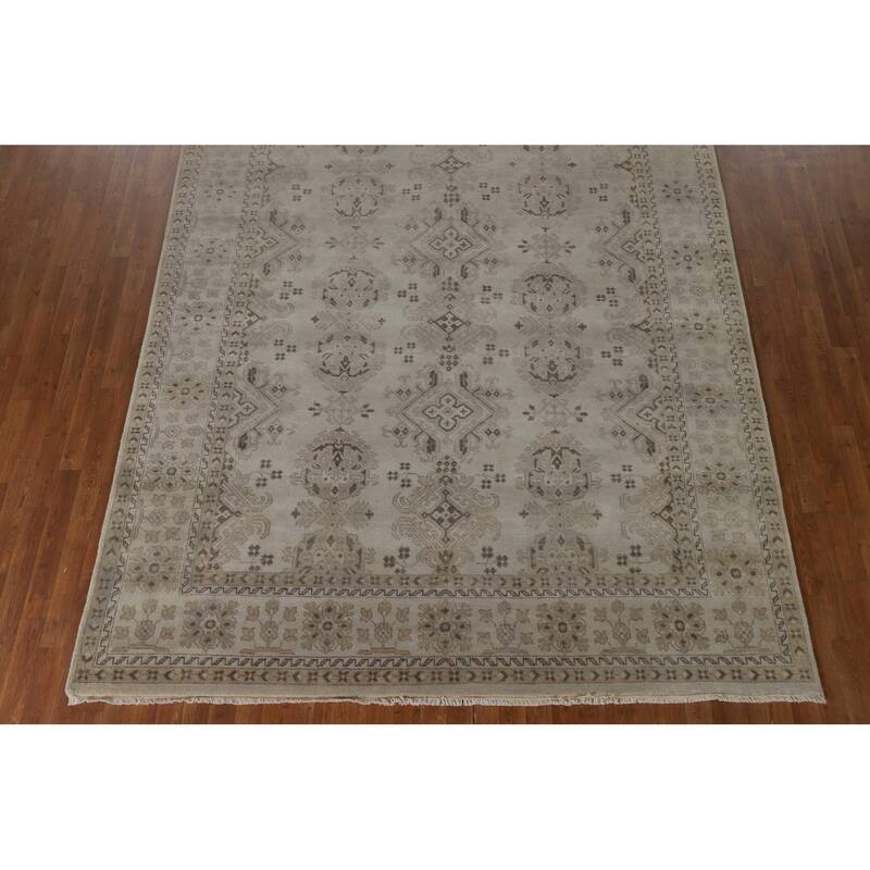Beige Oushak Area Rug Hand-Knotted Wool Carpet - 7'10"x 9'7"