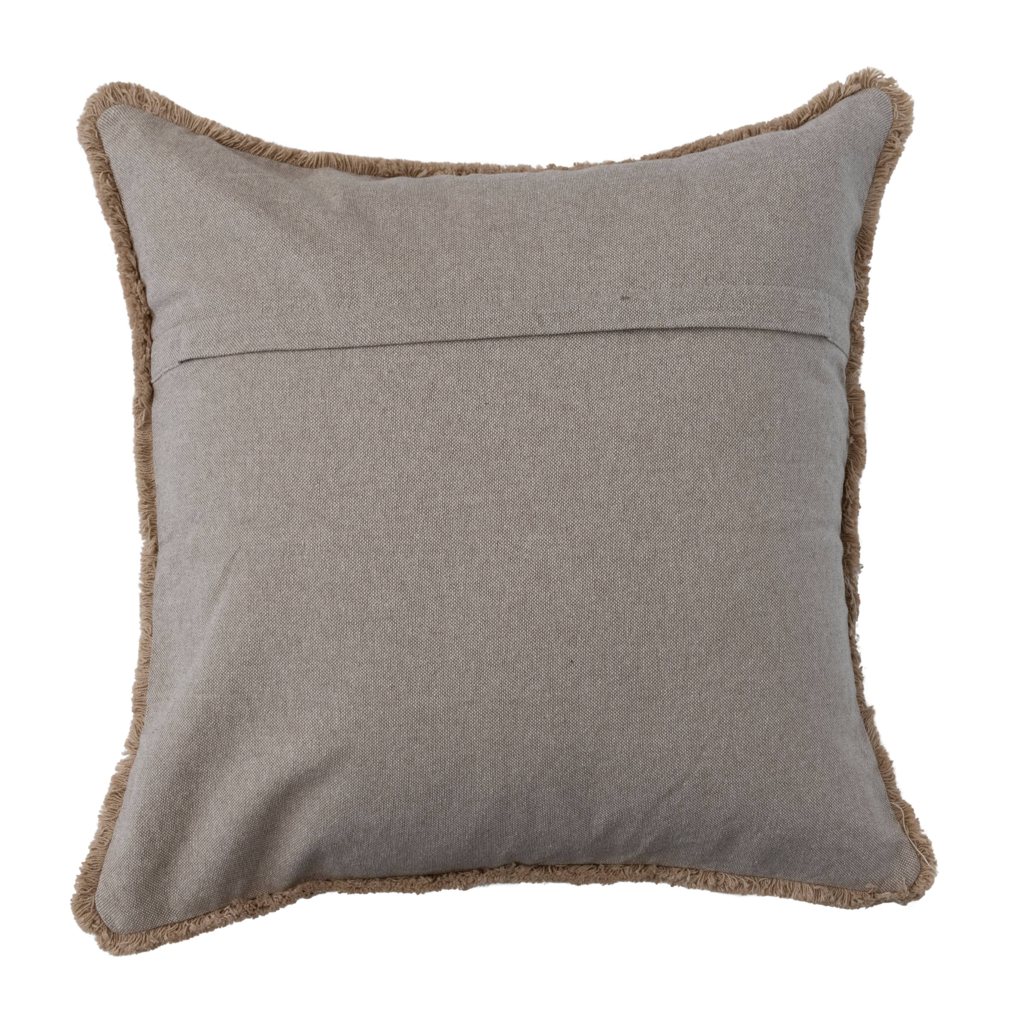 Cotton Slub Throw Pillow Cover with Geometric Embroidery and Fringe