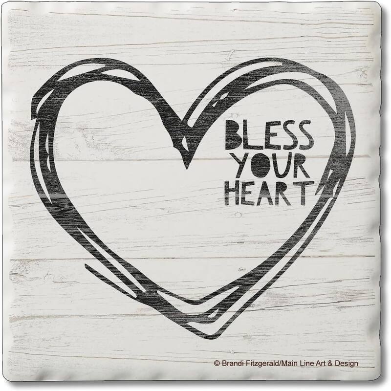Bless Your Heart 4 Pack Single Absorbent Stone Coaster with Protective Cork Backing Made in The USA 4" Square, Wipes Clean - Multi