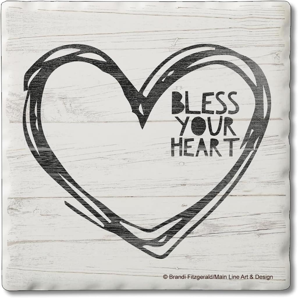 Bless Your Heart 4 Pack Single Absorbent Stone Coaster with Protective Cork Backing Made in The USA 4" Square, Wipes Clean