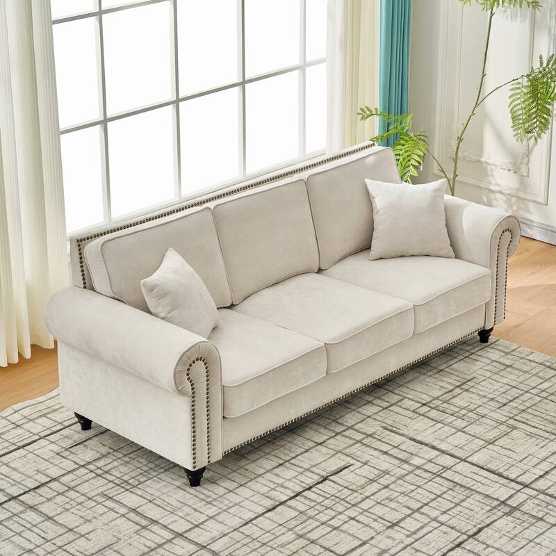 Chenille Upholstered 3 Seater Sofa, Oversized Sofa with Rolled Arms, Deep Seat Couch with Nailhead Trim & Wood Legs