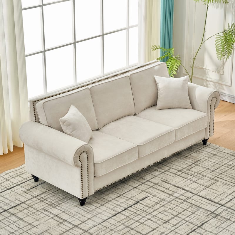 Roomfitters 86" Modern Upholstered Sofa with Scrolled Arms and Nailhead Trim, Classic 3-Seater Couch for Living Room