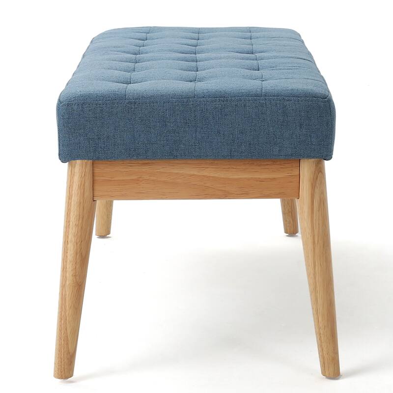 Gisa Ottoman Bench, Blue Fabric Tufted, Natural Brown Wood, 44 Inch
