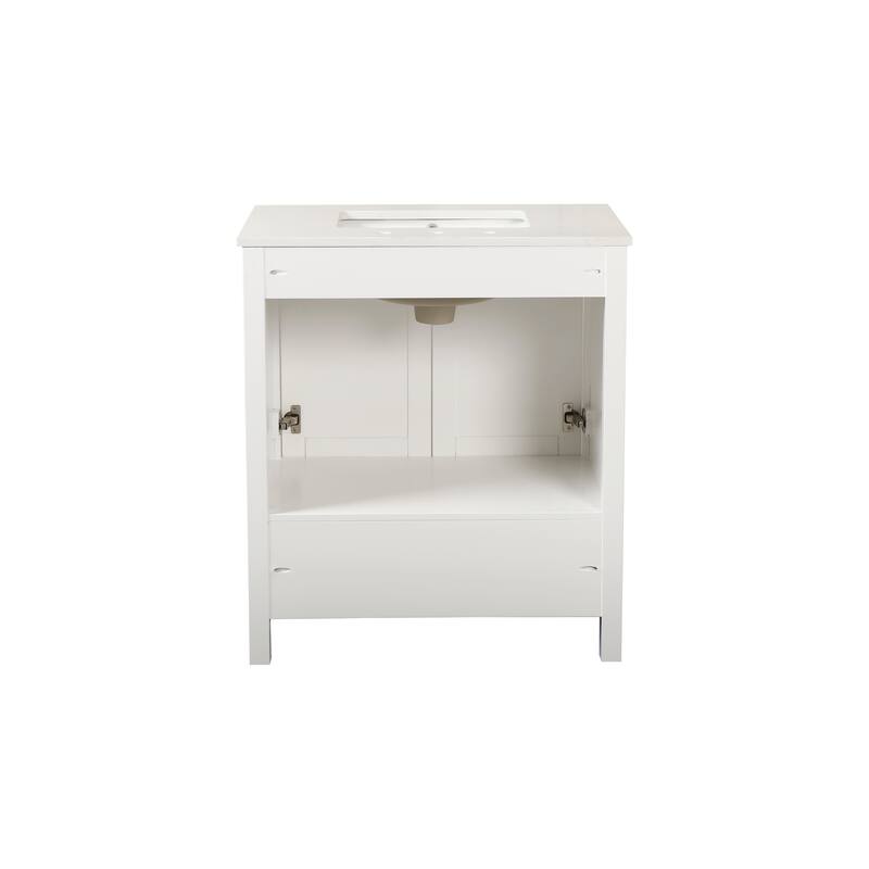 30" Bathroom Vanity with Sink Combo, Fully Assembled Bathroom Sink Cabinet with Marble Countertop, White