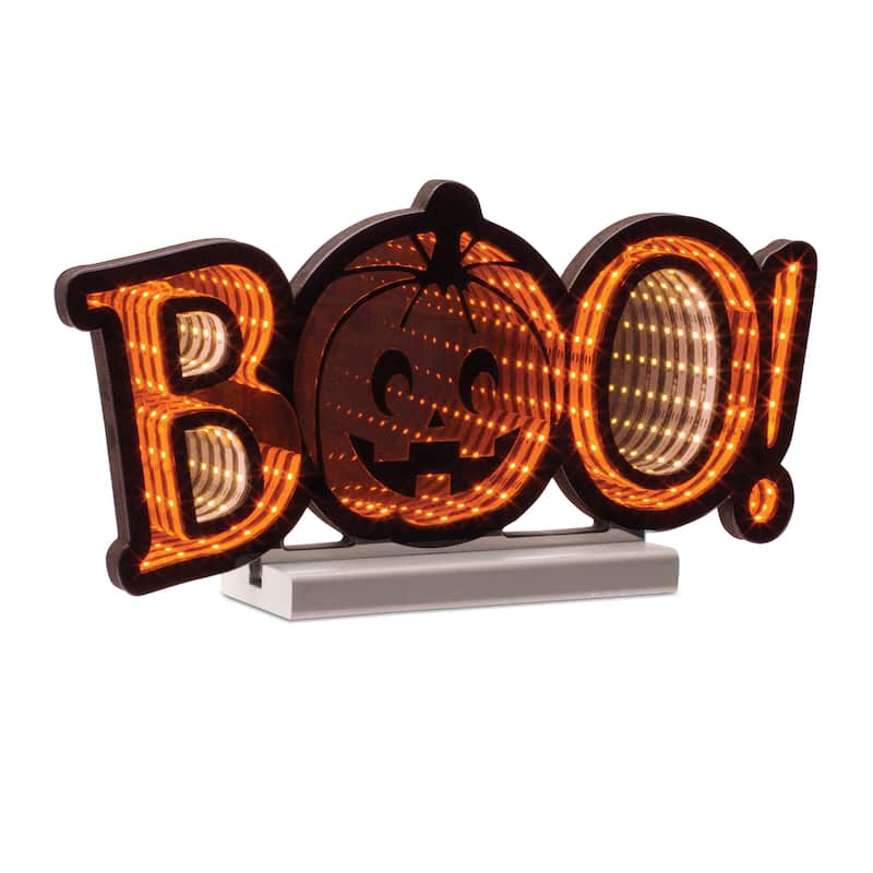 BOO Infinity Light Halloween Table Decor Glowing LED Sign for Indoor Mantel or Party Display - 15.75”L x 3”W x 7.75”H