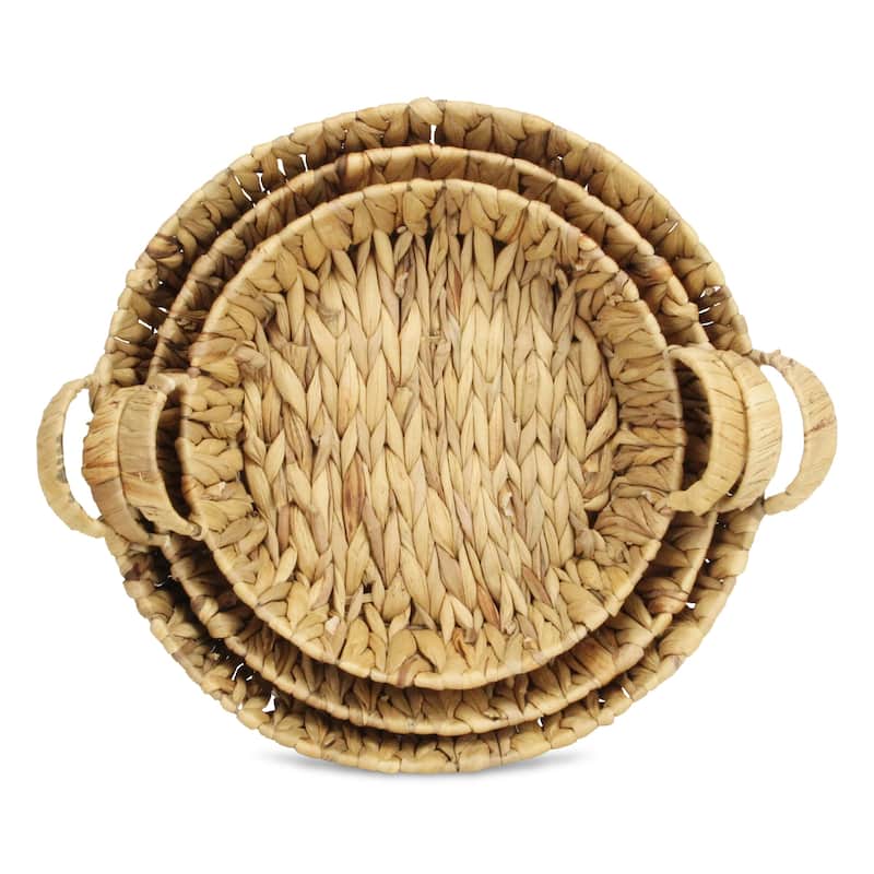 Laelia Light Brown Water Hyacinth Woven Round Basket Trays (Set of 3)