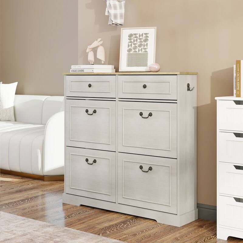 39.37 in. H x 41.3 in. W Antique White Shoe Cabinet with 2 Drawers and 4 Flip Drawers