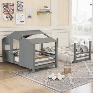 Gray Twin over Twin House Loft Bunk Bed Wood Bunk Bed with Ladder ...