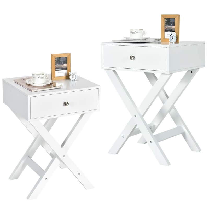 Gymax Set of 2 X-Shaped Nightstand Side End Table Bedside Table w/ - White