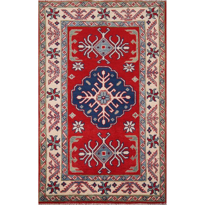 Red Geometric Kazak Accent Rug Handmade Wool Carpet - 2'9" x 4'1"
