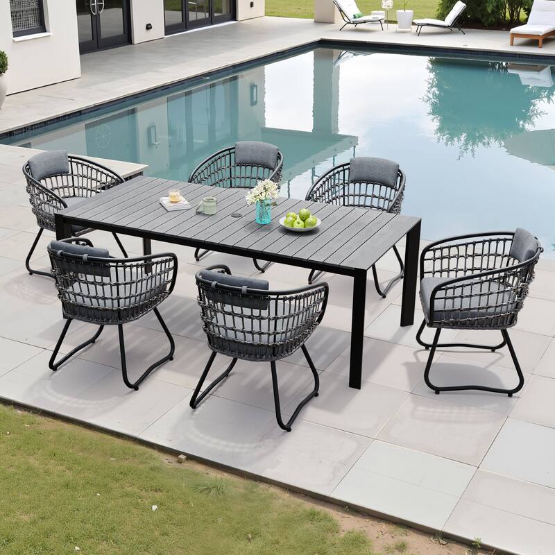 Outdoor Patio Dining Set Aluminum Table with Umbrella Hole with Rattan Chairs