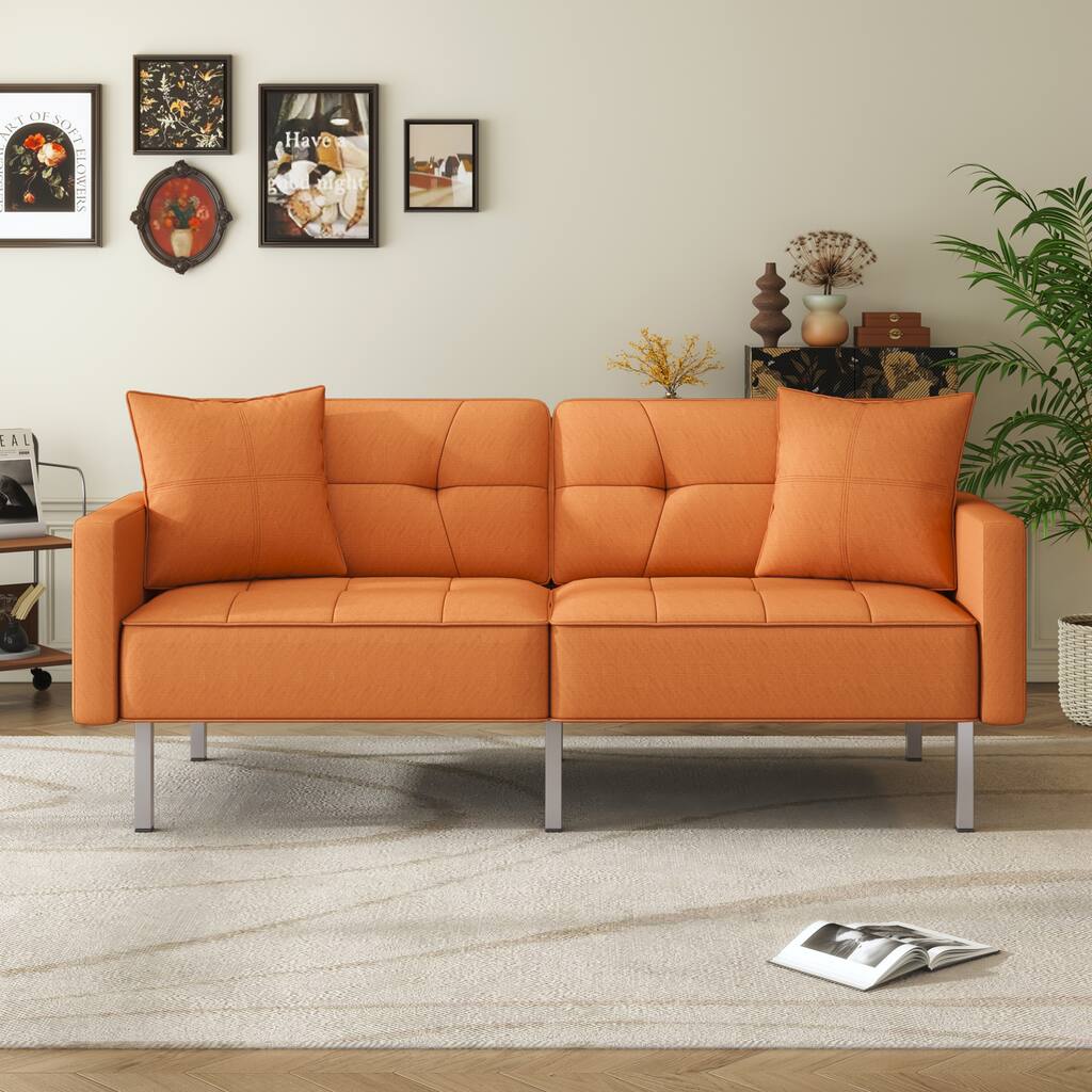 Orange 75.6" Linen Convertible Futon Sofa Bed with Adjustable Backrest and Pillows