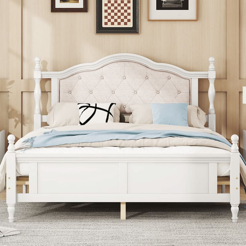 Classic Platform Bed Wooden Frame Queen Size Bed with Upholstered Tufted Headboard, Panel Footboard and Central Support Feet