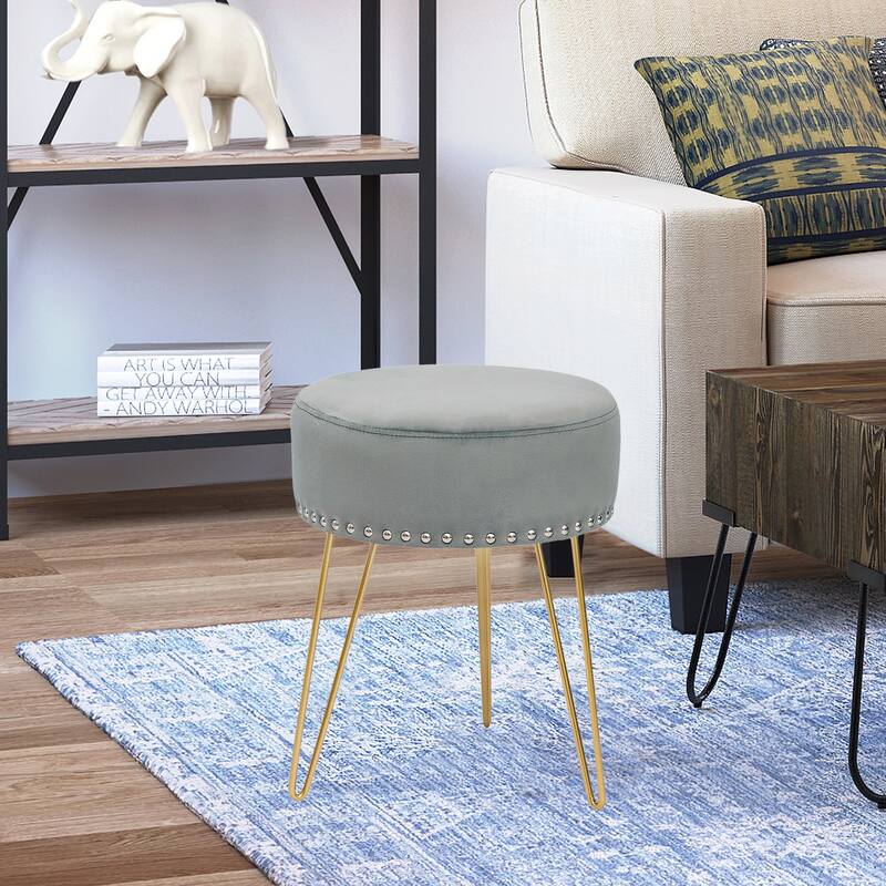 Adeco Footstool Round Ottoman Velvet Dressing Stool Gold Metal Legs