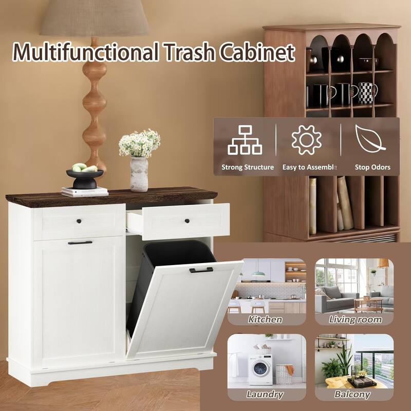 20 Gallon Double Tilt Out Trash Can Cabinet Freestanding Trash Bin Cabinet Wood Garbage Recycling Cabinet with Hideaway Drawer