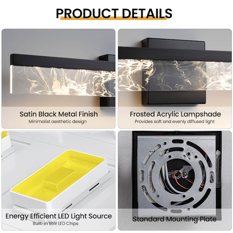 LED Bathroom Vanity Light 24/32/39 inch Dimmable Metal Wall Sconce - Black/Warm White Light