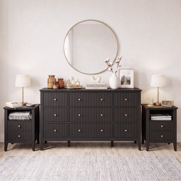 modern gold knobs for dresser 3-Piece Bedroom Set - 9-Drawer with 2 Nightstands, Mid-Century Fluted Design, - Bed Bath & Beyond Viva Las Vegas Rockabilly Weekend