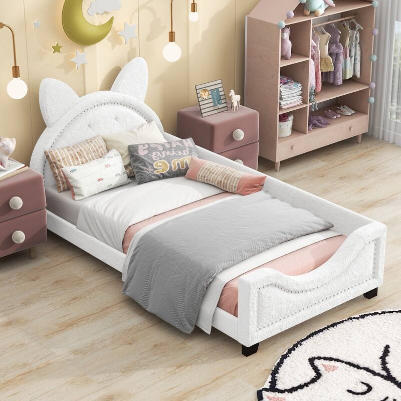 Twin Size Kids Bed, Upholstered Teddy Fleece Day Bed with Cartoon Ears ...