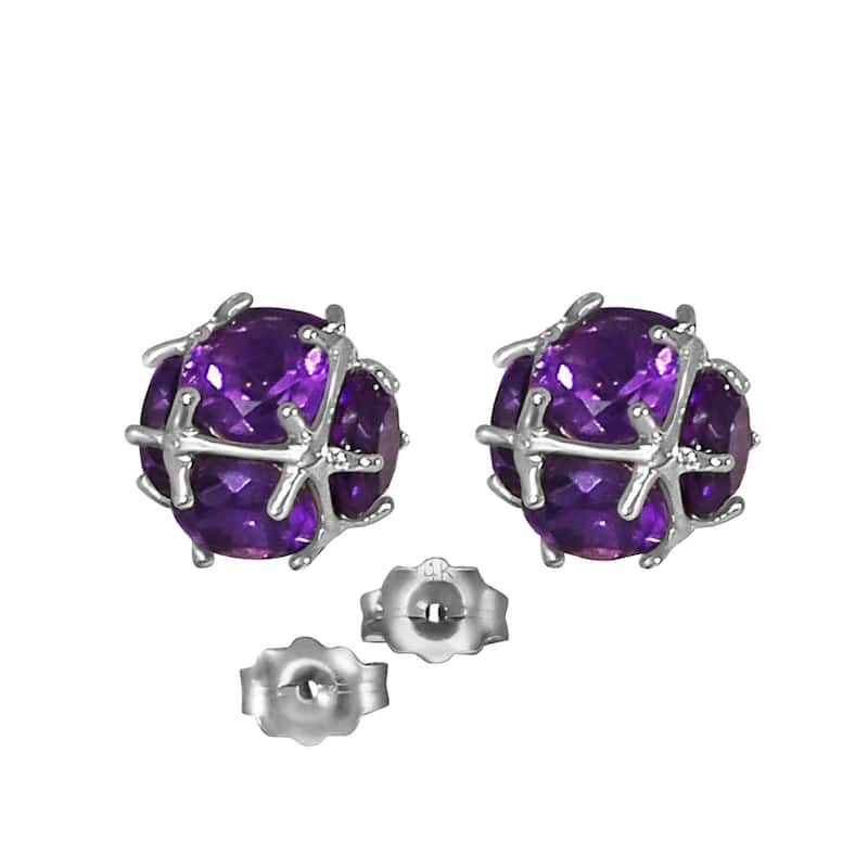 14K Solid Gold Stud Elegant Gemstone Earrings w/ Natural Amethysts