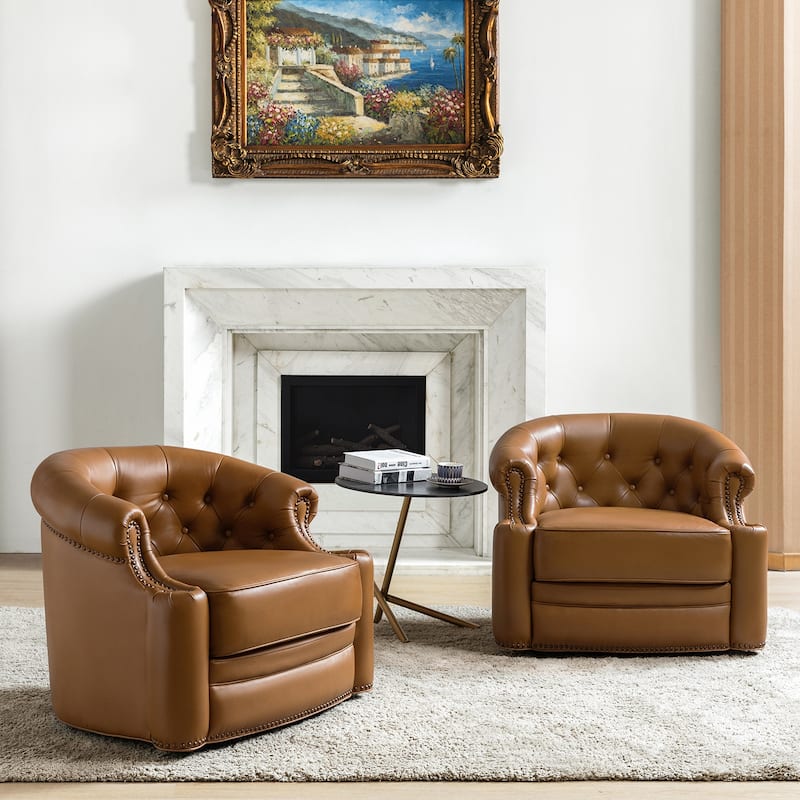 Felipe Modern Genuine Leather Swivel Chair With Tufted Back Set of 2 By HULALA HOME - Camel