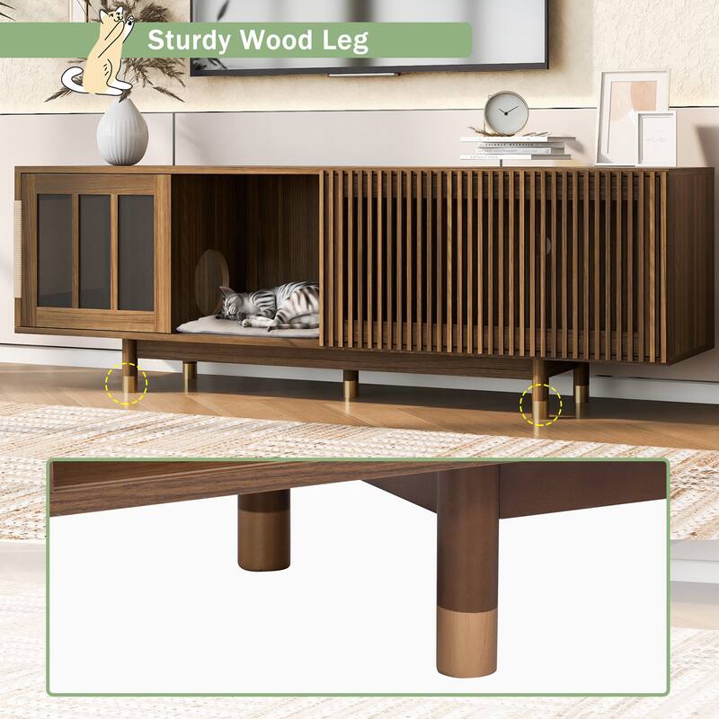 Mid-Century Modern TV Stand Cat House Litter Box with Sliding Flip-Down Glass Door and Cat Scratching Board, for Living Rooms