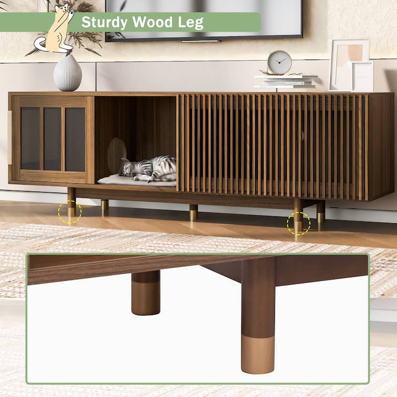 Modern 2 in 1 TV Stand with Cat Scratcher, Cat House Media Console Table with Sliding Flip-down Glass Doors