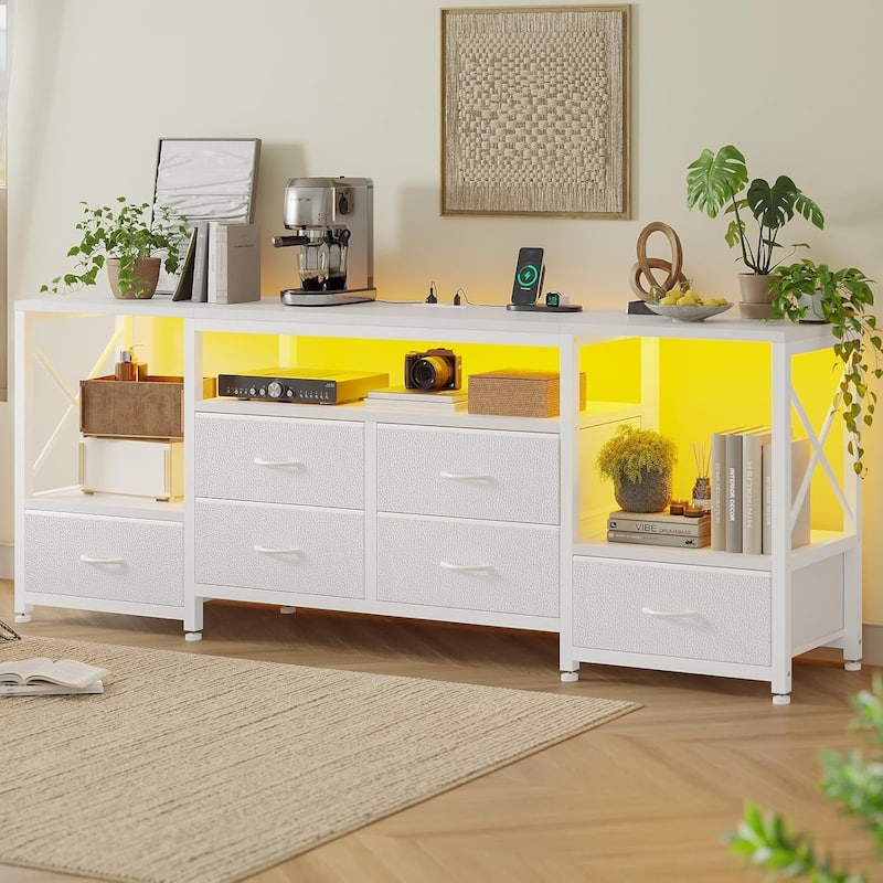 TV Stand with LED Lights Power Outlets Dresser Fabric Drawers Entertainment Center