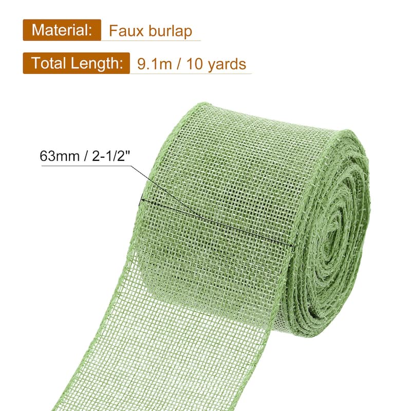 Burlap Wired Ribbon, 10 Yards Fabric Ribbon Roll - Light Green - 2.5"