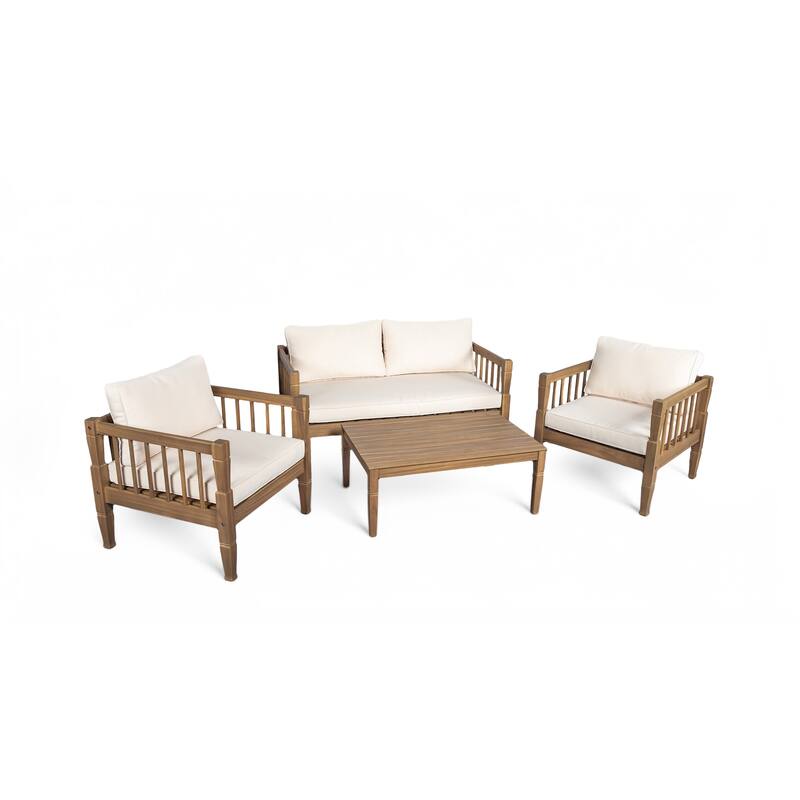 Roomfitters 4-Piece Acacia Wood Patio Furniture Set, Seating Conversation Set with 4-Inch Thick Cushions and Coffee Table