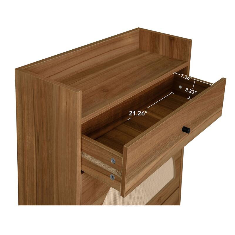 Entryway Shoe Storage Cabinet, Freestanding Rattan Shoe Rack, Shoe Organizer with 2 Flip Drawers & 1 Pull-Out drawer