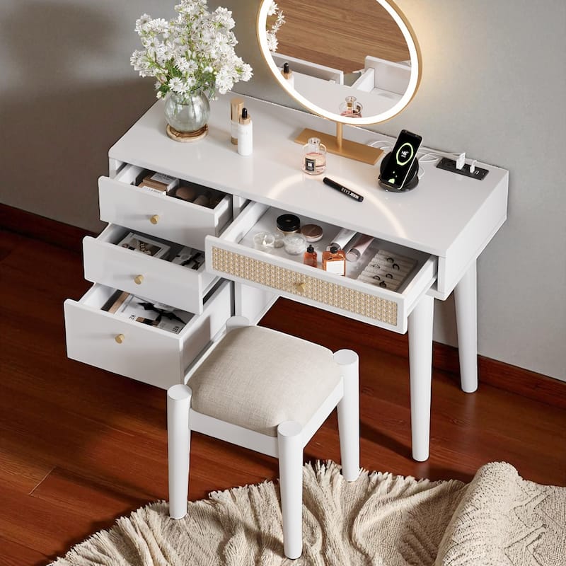 Wooden Makeup Vanity Desk with Stool, Rattan Drawer, 39" Boho Style Dressing Table with Charging Plug & USB Port