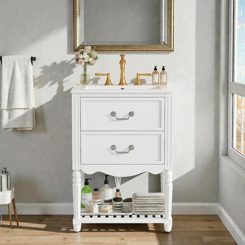 24'' Vintage Bathroom Vanity with Ceramic Sink, Freestanding Cabinet with 2 Drawers, Open Shelf - White