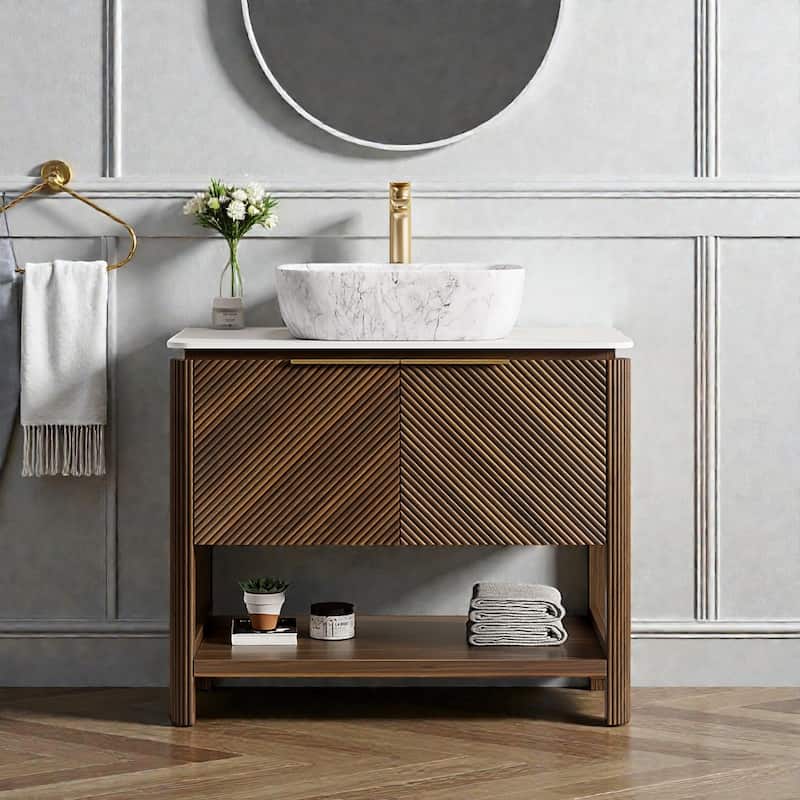36" Freestanding Bathroom Vanity with Marble Pattern Ceramic Sink, Carrara White Sintered Stone Top & Woodgrain Storage Cabinet
