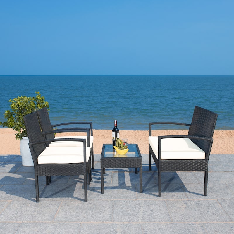 SAFAVIEH Outdoor Bassey 4-Piece Conversation Patio Set. - 39.78" x 24.18" x 32.37" - Black/Beige