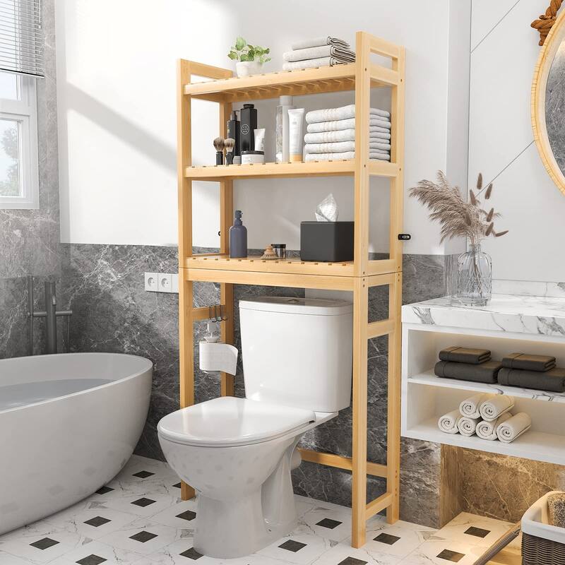 Over The Toilet Storage Shelf, Bamboo 3-Tier Above Toilet Storage Rack with 3 Hooks - Natural